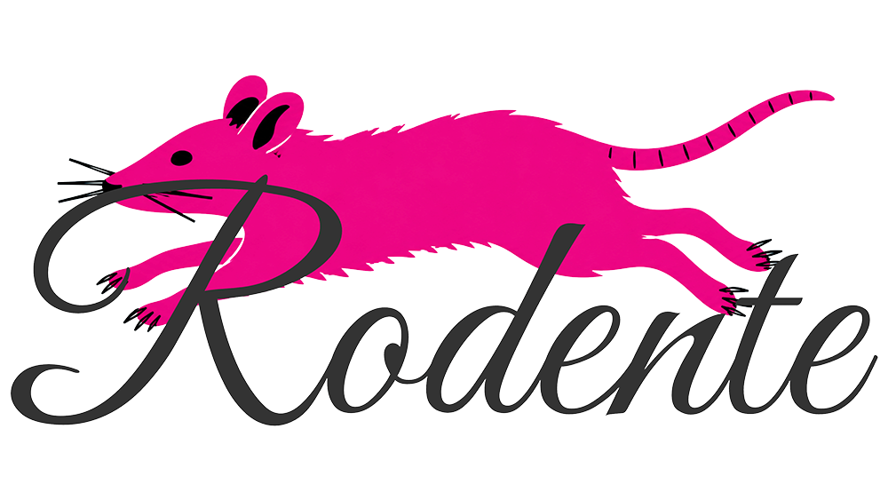 Rodente identity featuring a bright pink running rat above a script wordmark