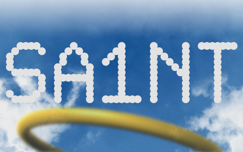 SA1NT logo formed from white circular modules over a blue sky